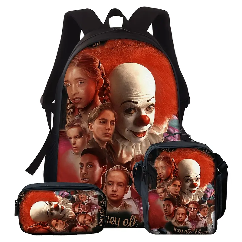 Durable Water Resistant 3-Piece Backpack Set, Backpack + Insulated Lunch Bag + Pencil Case, Pennywise And Losers' Club Character Collage Print, Breathable Padded Straps