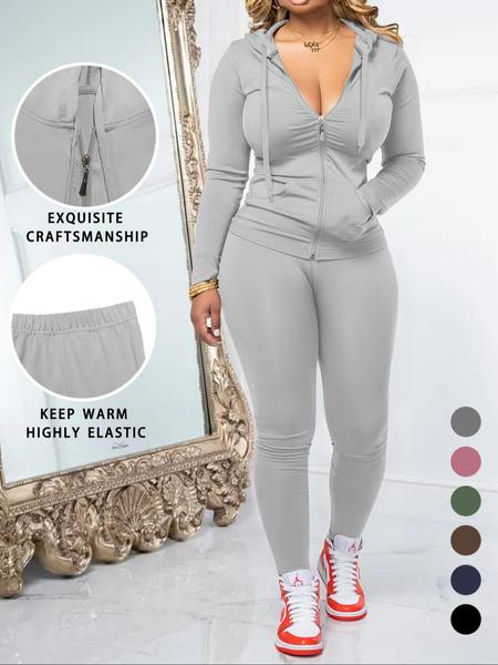 Women's Fall Zipper Hoodie and Skinny Pants Set, Casual Long Sleeve Outfit with Pocket Design, Two-Piece for Daily Wear