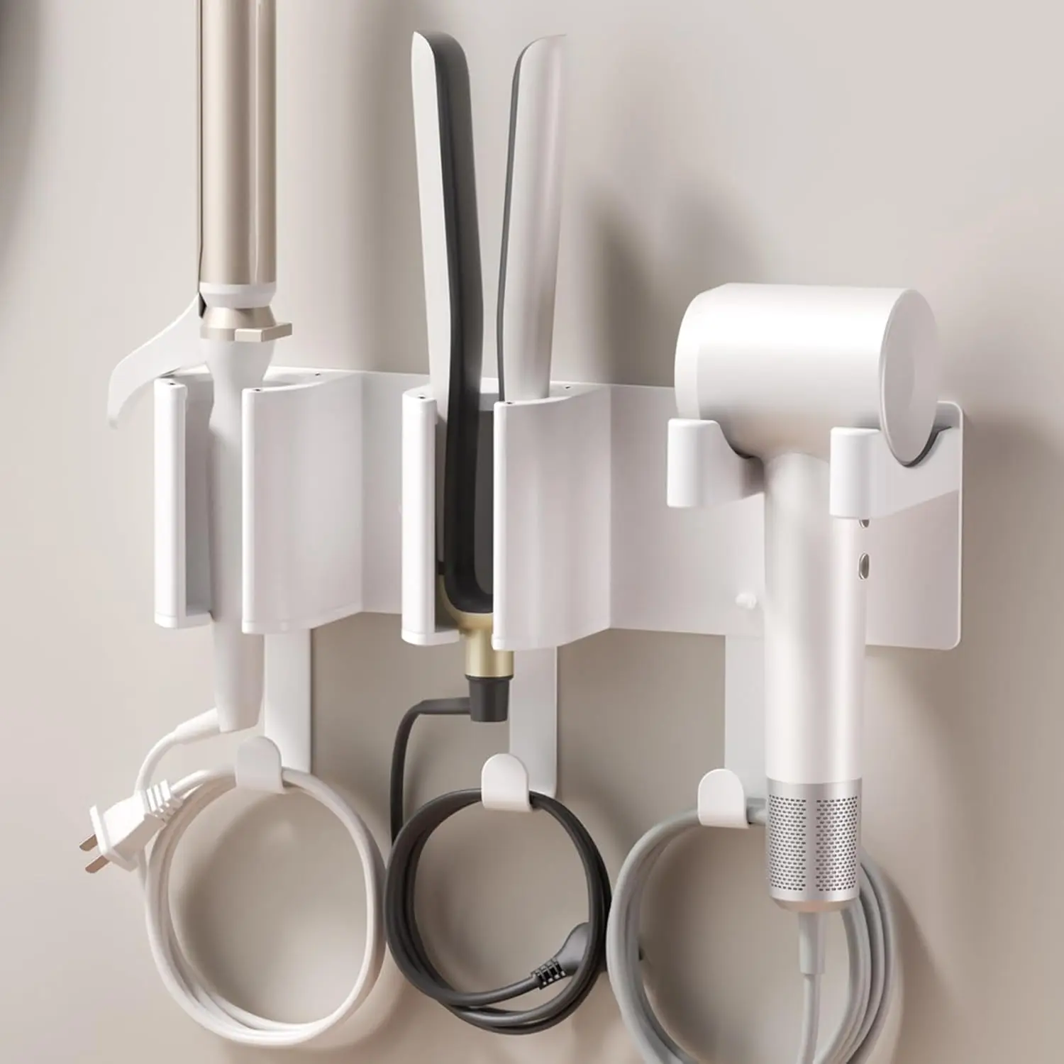 Hair Tool Organizer Wall Mount, Hair Dryer Holder, Curling Iron Storage, Wall Organizer for Blow Dryer and Hair Straightener, White (Hair Tools Not Included)