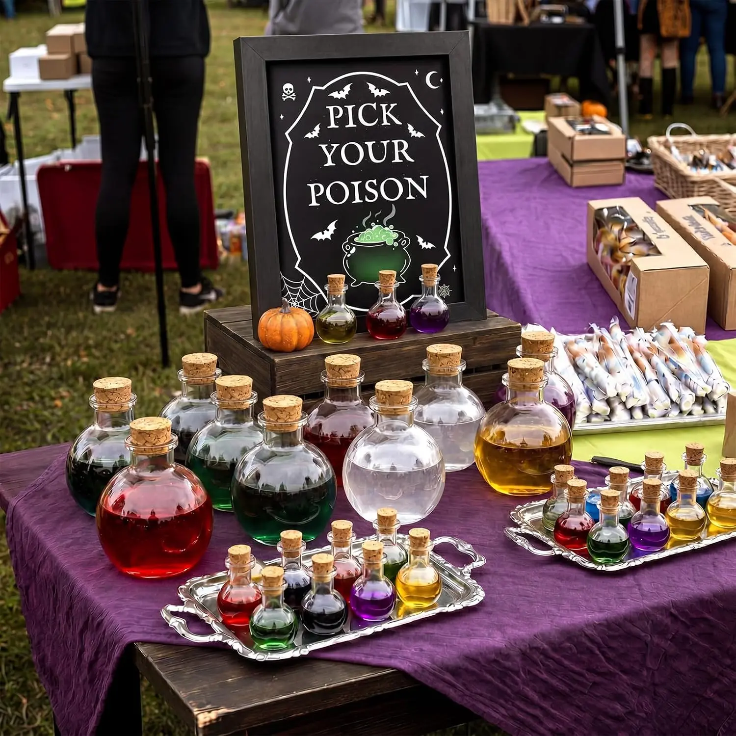 30 count Halloween Glass Potion Bottle Set with Corks, 7 oz Glass  Bottles and Pick Your  Wooden Framed Sign, DIY  Potion Decor for Tiered Tray, Mantel and Halloween Party