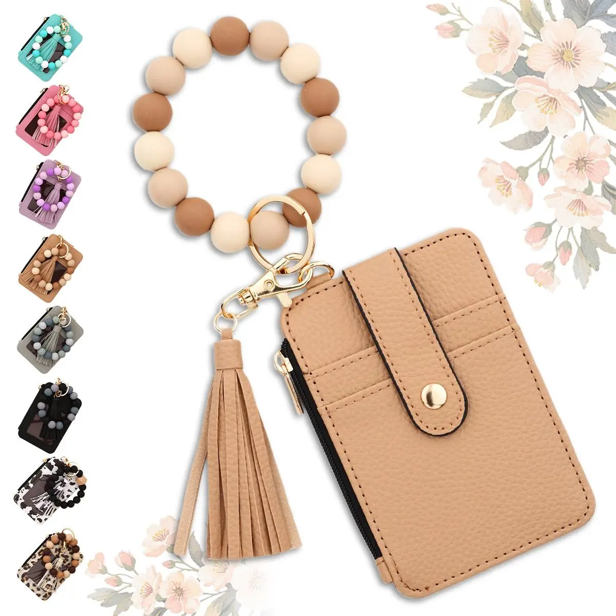 Boho Beaded Wristlet Keychain for Women, Tassel Bracelet Key Ring with Small Card Holder Wallet, Trendy Purse Bag Charm, All-Match Birthday Gift