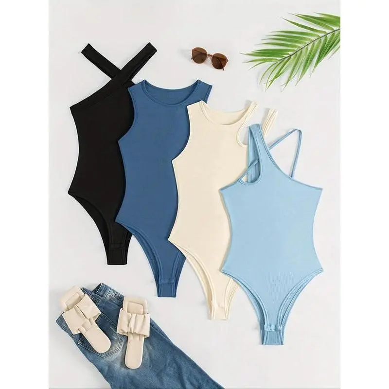Women's Solid Color Bodysuit Piece, Casual Sleeveless Bodysuit for Beach Holiday Vacation, Ladies Clothes for All Seasons