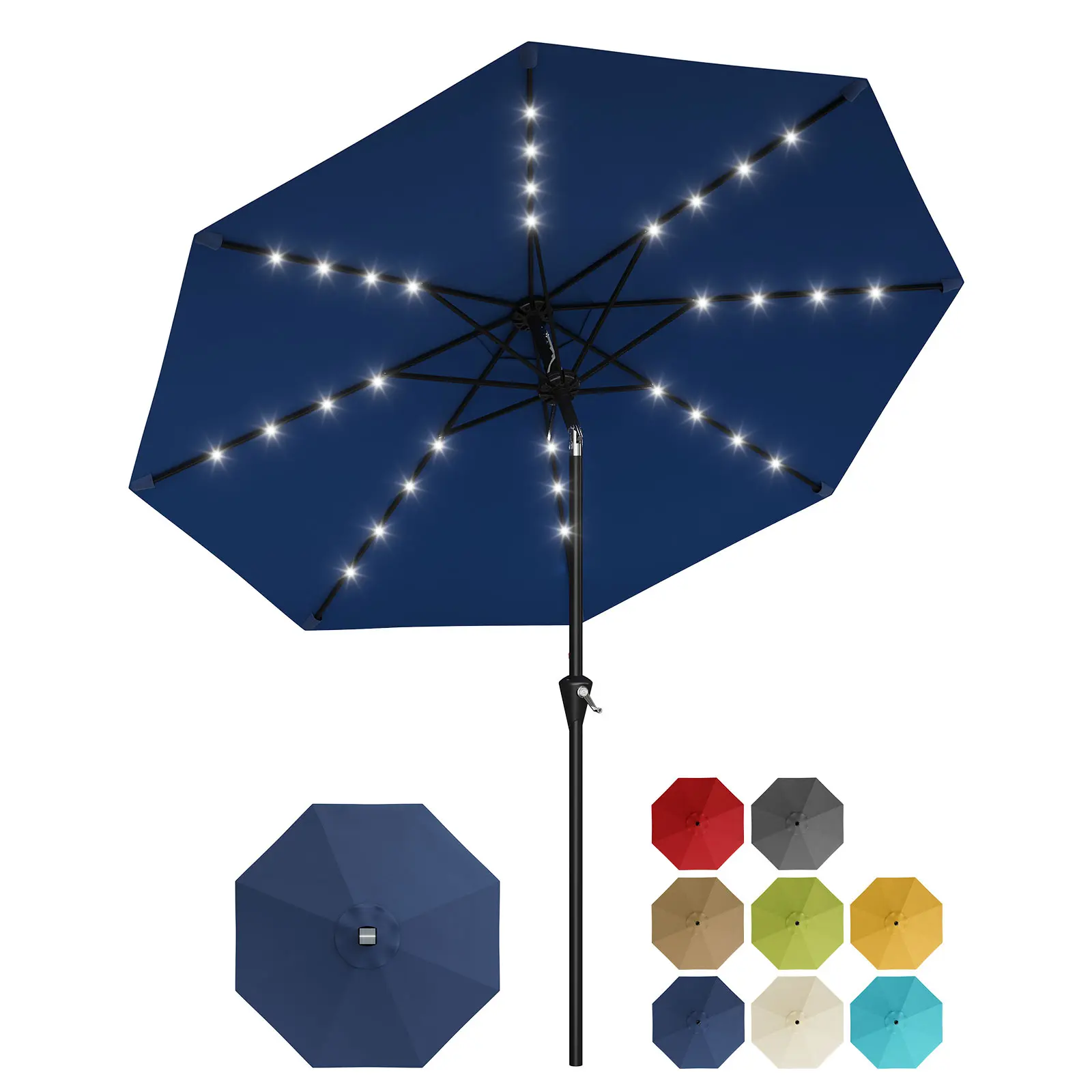 Garvee 9ft Solar Patio Umbrella w/ 32 LED Lights, Outdoor Market Table Umbrella - Crank Lift & Push-Button Tilt - UPF 50+ Waterproof Vented Canopy, 8-Rib Iron Frame