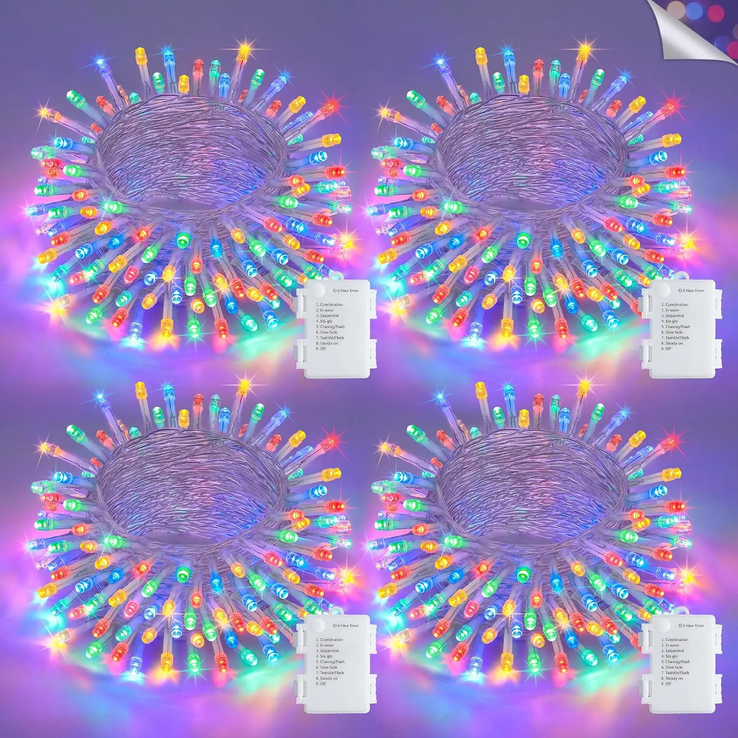 4 Pack 50 LED  Christmas Lights, Multicolor String Lights | Each 16.5ft, Timer, 8 Modes, , Indoor Outdoor for Christmas Garlend Bedroom Balcony Tree Decor