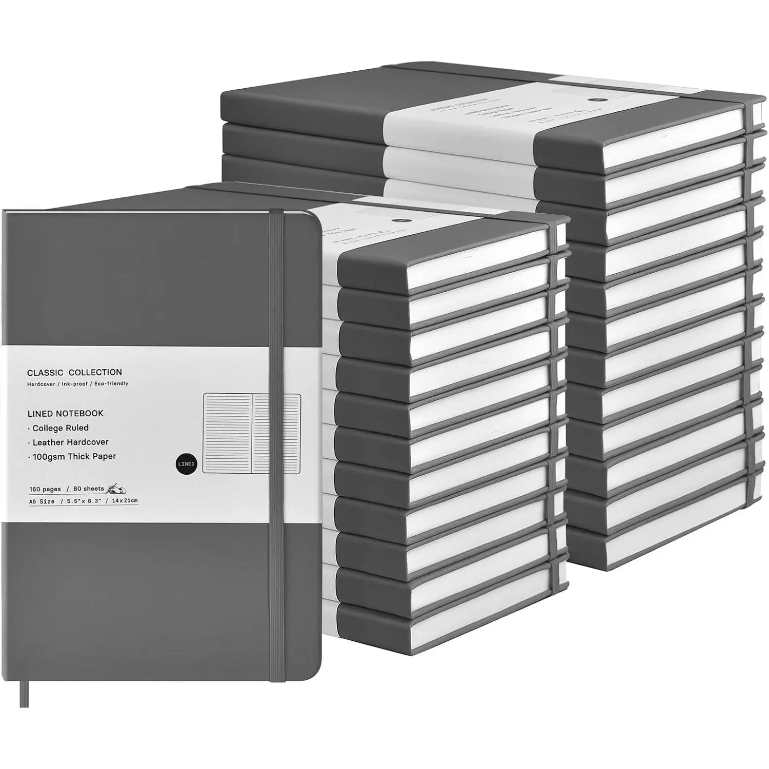 24 Pack A5 Journal Notebooks Bulk, 160 Pages, 100GSM Thick Paper, 8.3 x 5.5 inch Hardcover Lined Leather Journals for Writing Office School Business,Bulk Notebook for Work Men Women(Gray)