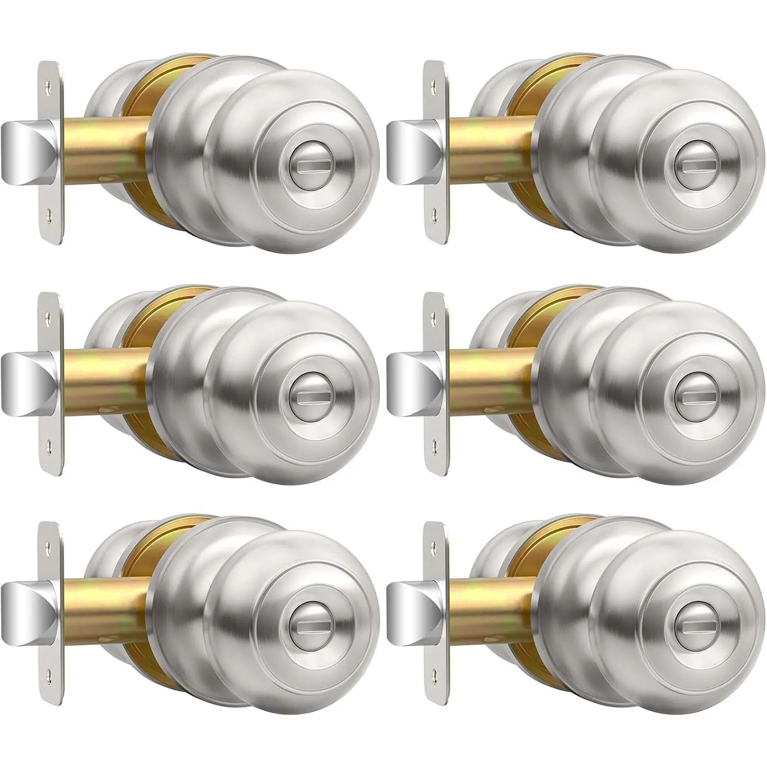 AEEKEL 6 Pack Brushed Nickel Privacy Interior Door Knobs, Keyless Lock Set for Bedroom Bathroom, Reversible for Left/Right Door Handles