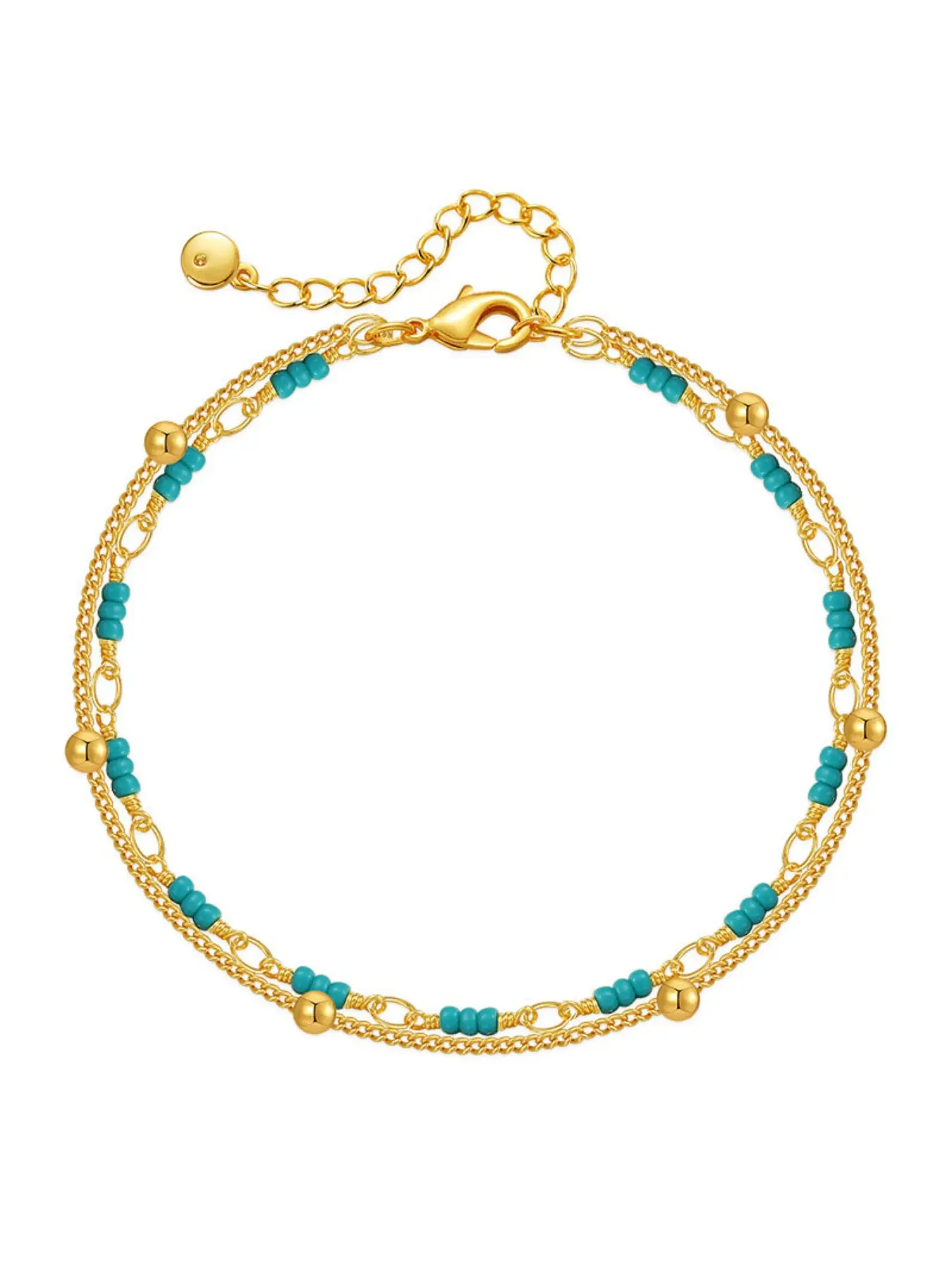 Turquoise Copper Plated 18k Gold Two-Layer Beaded Bracelet, Casual Geometric Pattern, Alloy Chain, All Seasons Jewelry, Layered Gold Bracelets