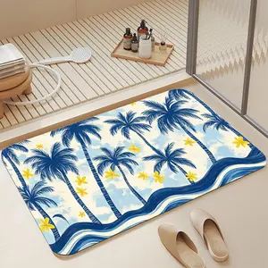 16x24 Inch Vintage Blue Tropical Palm Tree Ocean Wave Yellow Plumeria Flower Hawaiian Coastal Diatomaceous Earth Bath Mat, Ultra Fast Water Absorbing Non-Slip Rubber Backed Stain Resistant Low Profile Shower Floor Rug