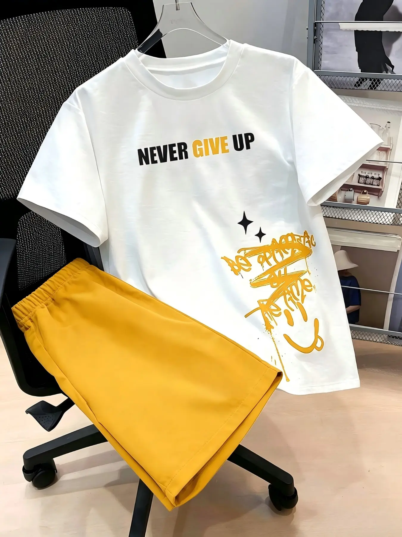 Never Give Up Graffiti T-Shirt Set for Boys, Breathable Summer, 5 Colors Available, Safe Drawstring-Free Shorts