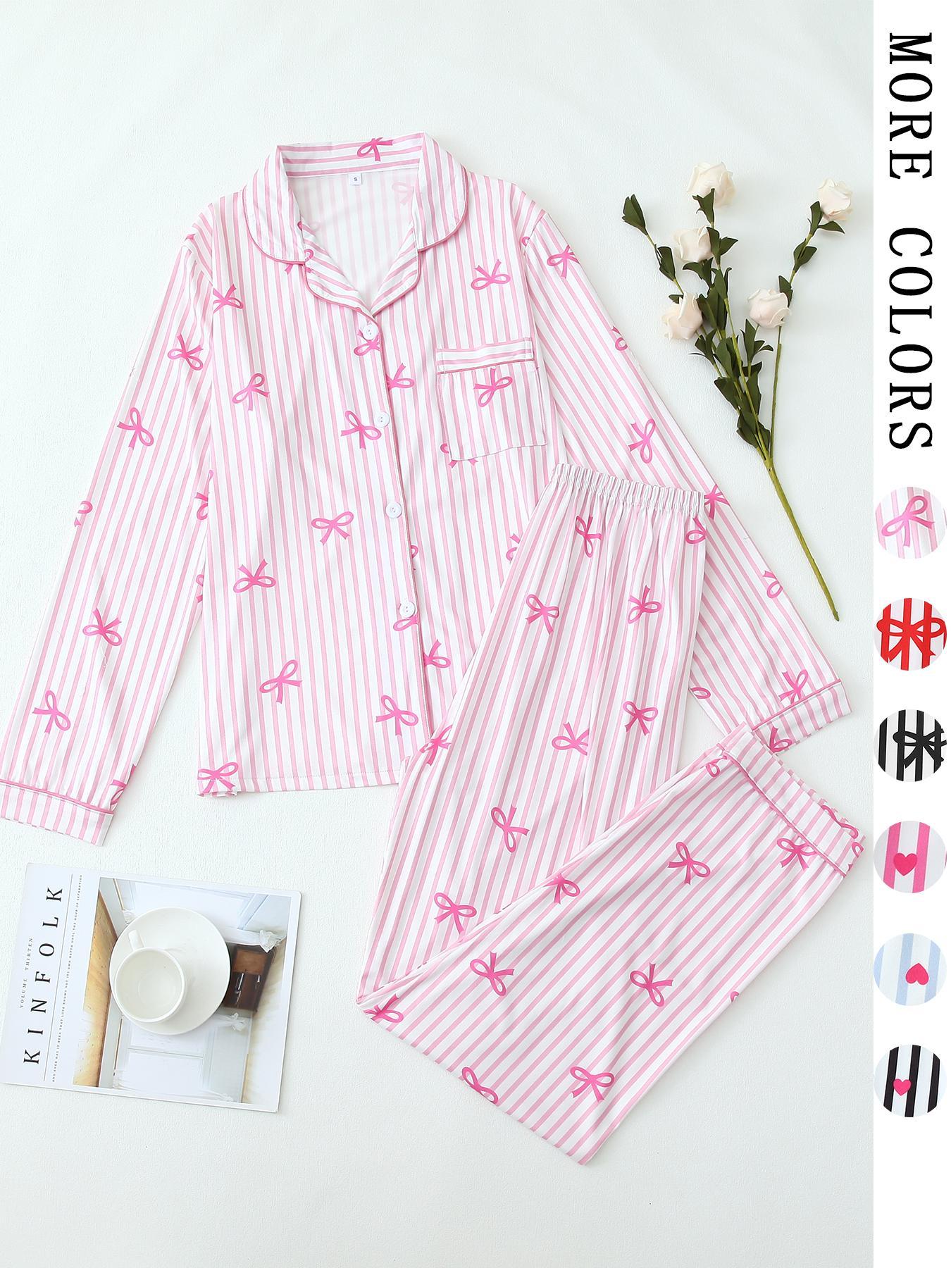 【Valentine Pajamas】Two-Piece Set Women's All Over Bow Print Button Front Shirt & Pants Pyjama, Casual Comfy Long Sleeve Lapel Neck Top & Trousers PJ Set, Women's Sleepwear for Spring & Fall