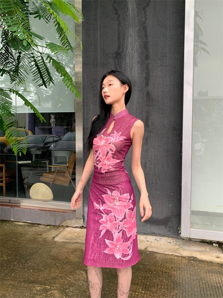 New Chinese-style lily pattern reversible cheongsam top + new Chinese-style lily pattern reversible one-piece skirt