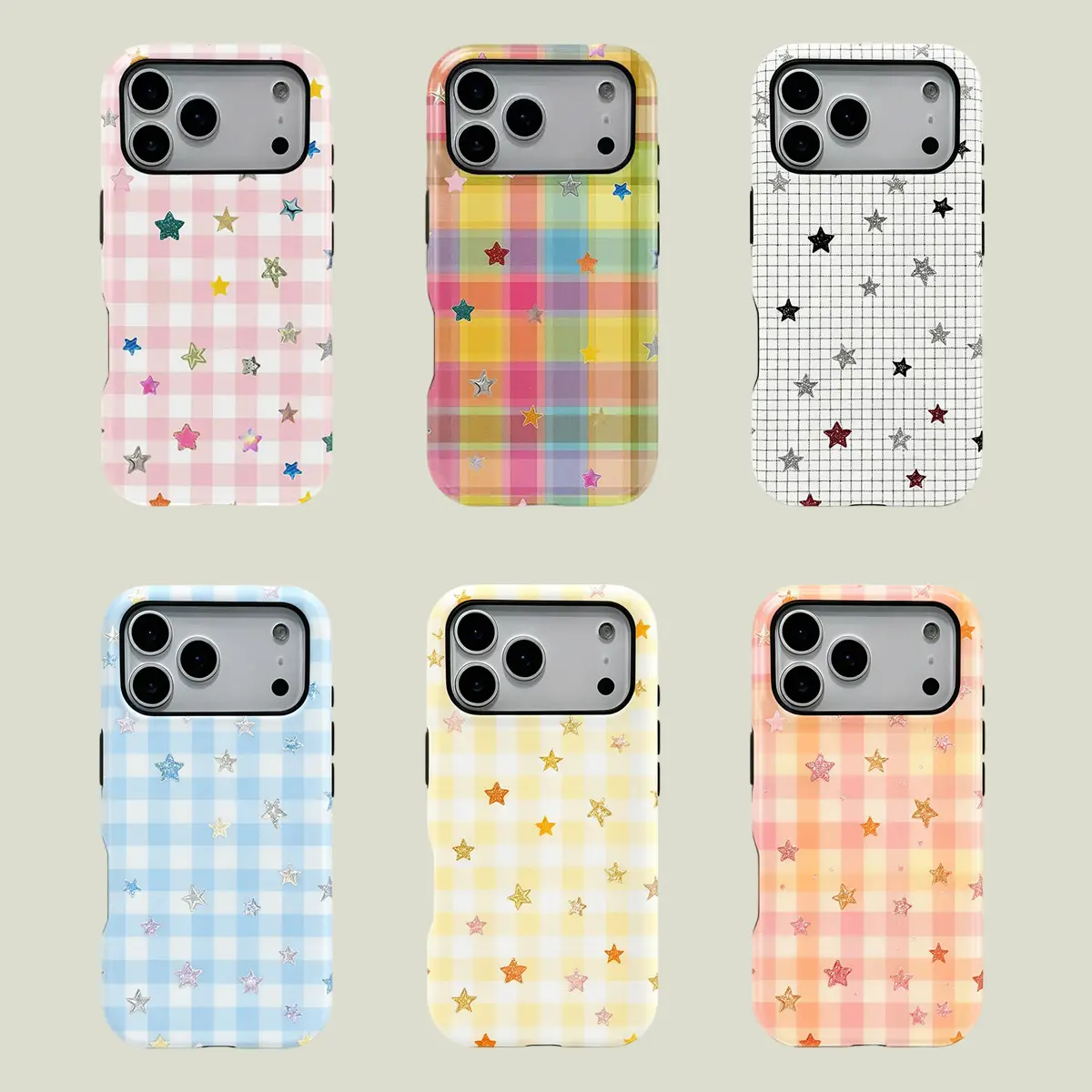 Gingham Checkered Star Pattern TPU PC Blend Phone Case, 2-in-1 Durable Protective Cover, MagSafe Compatible, Fits iOS, for iPhone 17/16/15/14/13/12/11 Pro Max/Plus/Pro (Ideal for Sweet Girls)