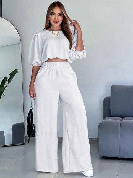 Women's Fashion Outfit, Half-Sleeve Top & Wide-Leg Pants, Casual Style for All Seasons, Women's Clothing Collection Women's Fashion Outfit, Half-Sleeve Top & Wide-Leg Pants, Casual Style for All Seasons, Women's Clothing Collection