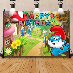 Smurf Birthday Backdrop Blue Cartoon Fantasy Tapestry Wall Hanging Polyester Photography Background Kids Party Decor Baby Shower Celebration Studio Prop Home Room Banner