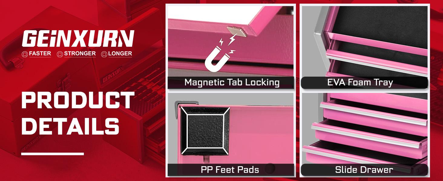 Mini Tool Box 3 Drawer Top Chest and 5 Drawer Roll Cab with Locking Stackable Hand Carry Tool for (Pink)