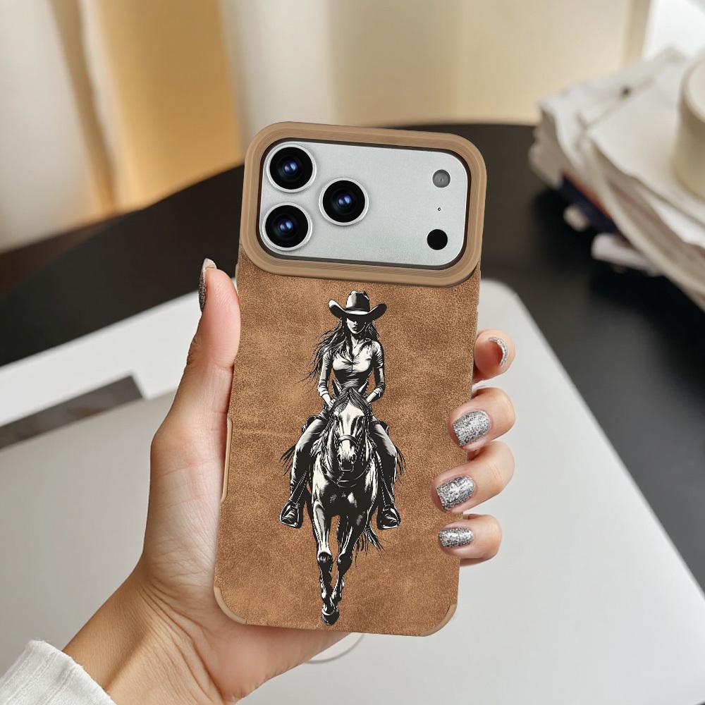 1pc brown cowboy riding horse print pattern, matte faux leather full-cover large hole protective phone case Compatible With IPhone 17/17 Air/17 Pro/17 Pro Max/16/16 Pro/16 Plus/16 Pro Max/15/15 Plus/15 Pro/15 Pro Max