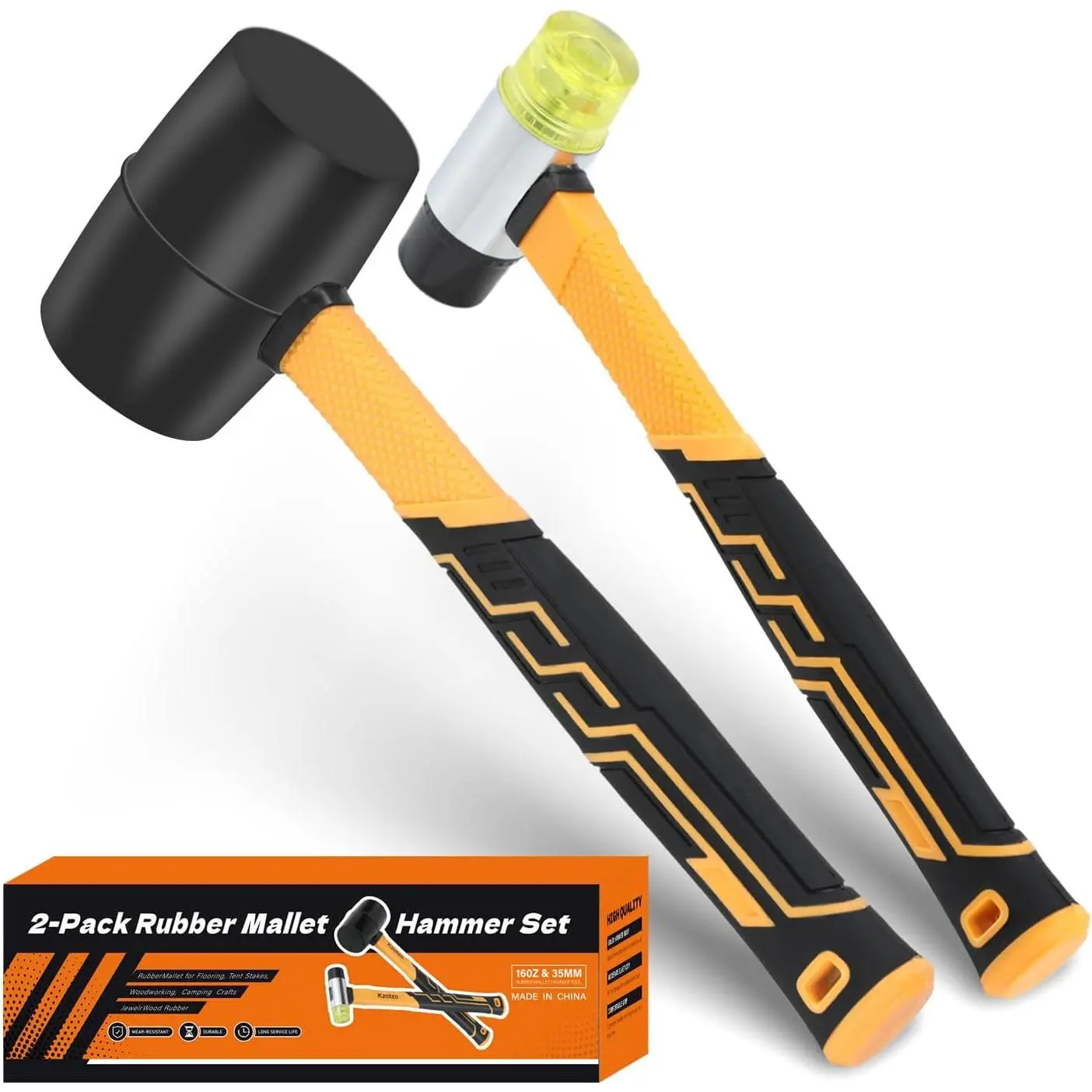 2-Pack Rubber Mallet Hammer Set, 16oz & 35mm Tool for Flooring, Tent Stakes, Woodworking, Camping, Crafts,  ,Fiberglass Shockproof Cushioned Grip, (16OZ 35MM Rubber Hamme)