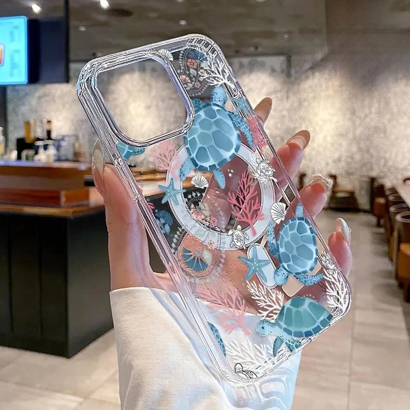 Magnetic Phone Case Supports Wireless Charging for iPhone 17 16 15 14 Pro Max 13 12 11 XR XS Plus E Ocean Drifters Pattern Non-Yellowing Silicone Transparent Acrylic Large Hole Drop Protective Cover
