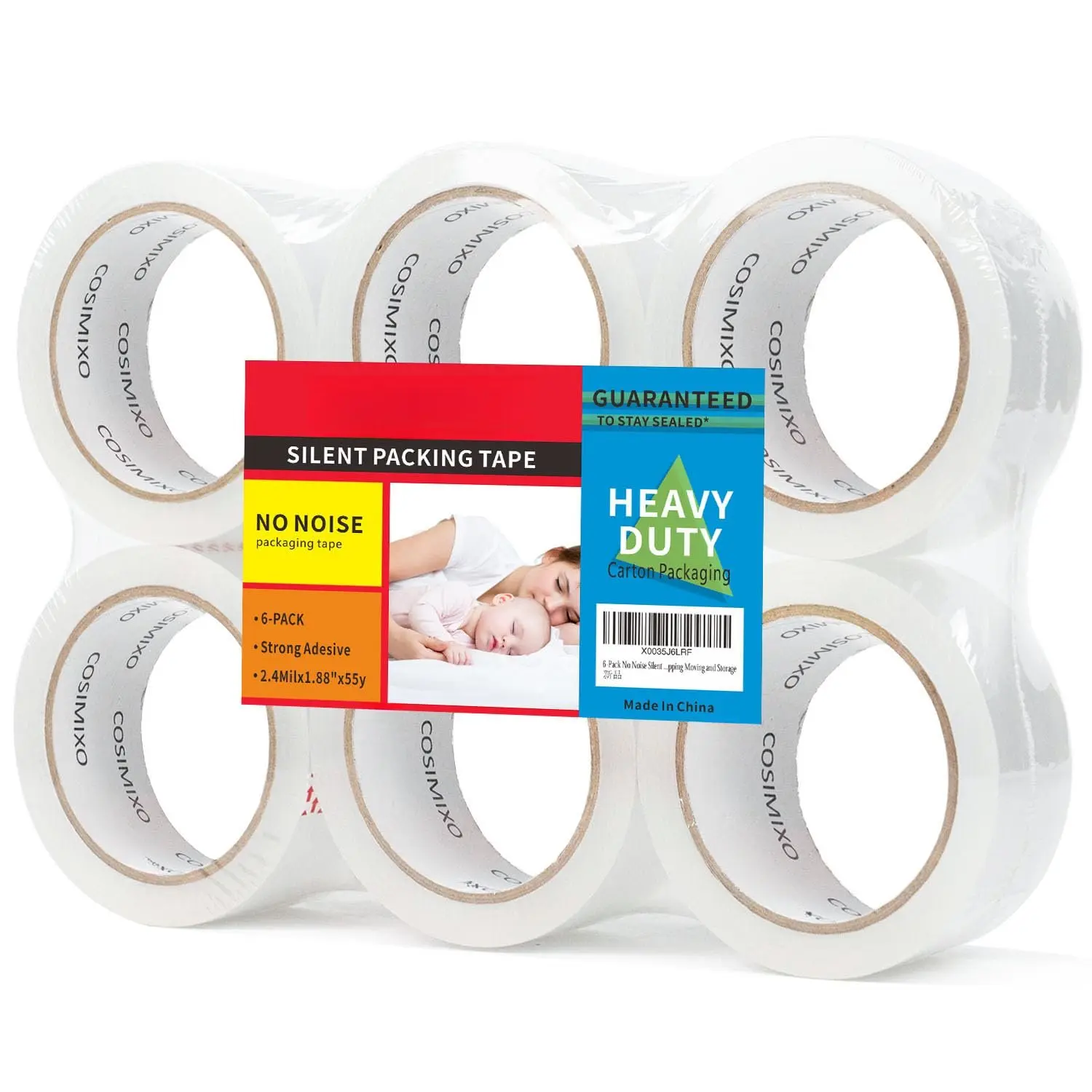 6-Pack No Noise Silent Packing Tape 2.4mil x 1.88" x 55 Yards,Industrial Heavy Duty Noiseless Packaging Tape for Quiet Packing Shipping Moving and Storage