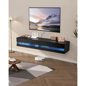 VEVOR Floating TV Stand, 71 in Wall Mount Entertainment Center with Power Outlet LED Lights, Modern Floating TV Shelf with 2 Drawers Storage Cabinet for DVD Player, Cable Box, Game Console, Black