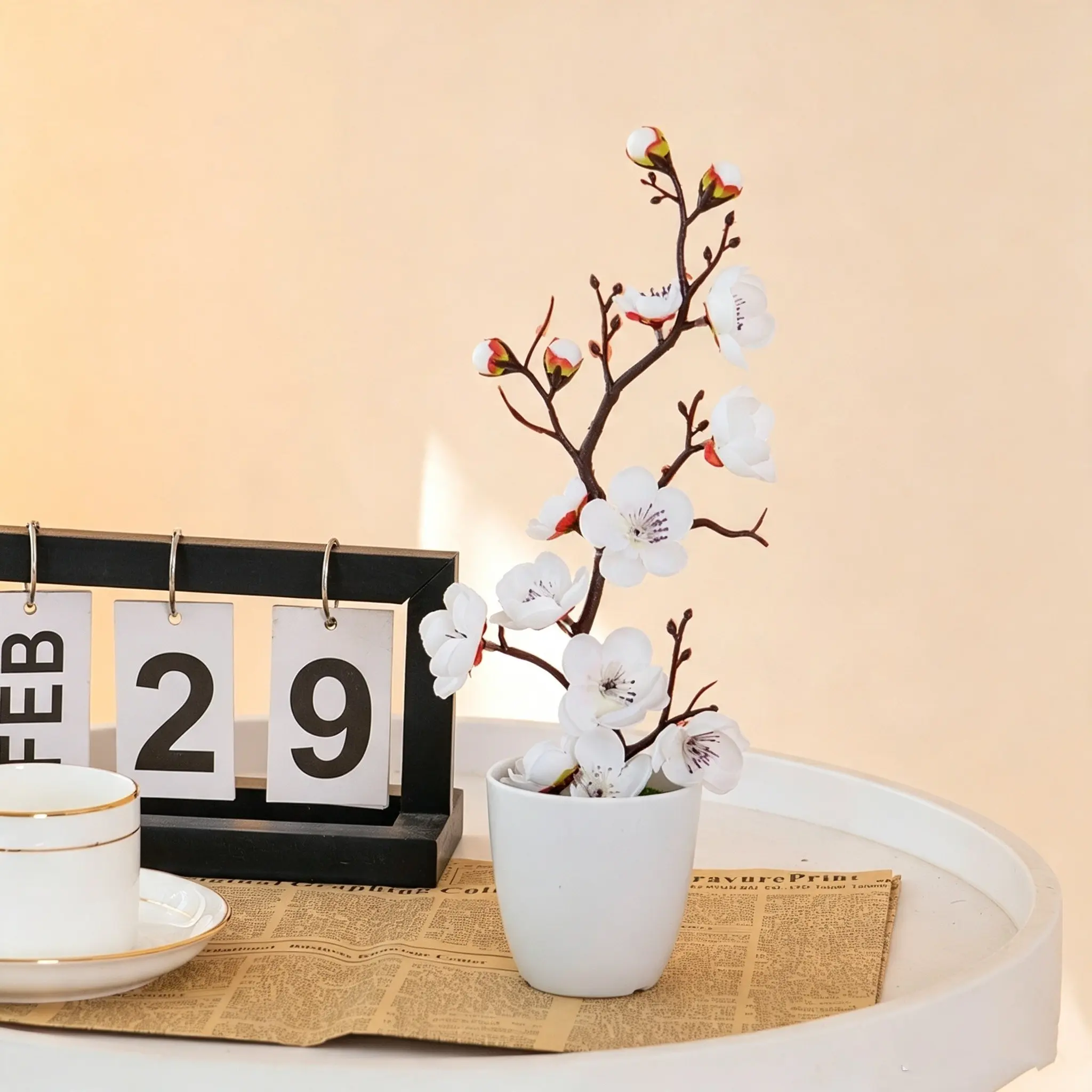 Artificial Chinese Plum Blossom Bonsai, Realistic Shape & Exquisite Details, Indoor Outdoor Decoration, No Maintenance, Spring Home and Office Desk Decor, Faux Indoor Plant, Decorative Flower Ornaments, Fake Plant Decoration