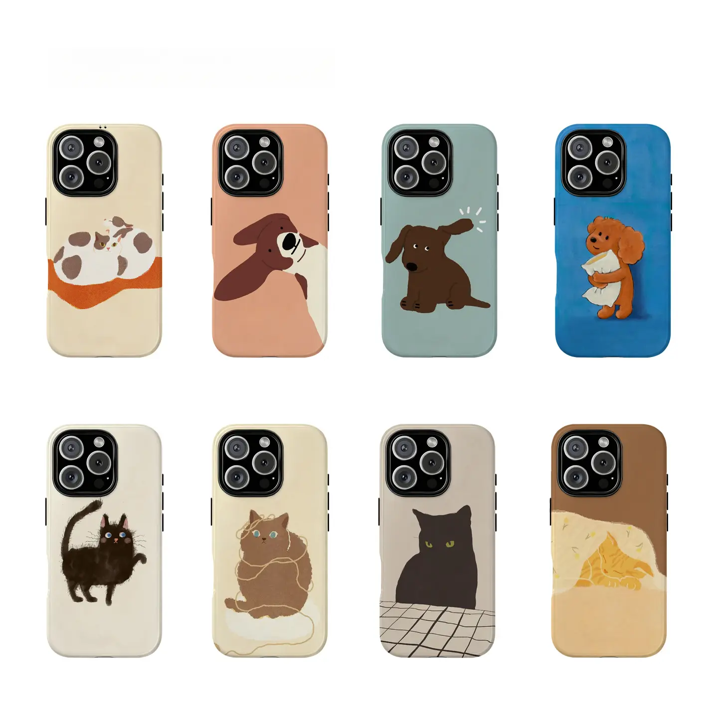 Designer Colorful Cute Pet Illustration Series Double-Layer Matte Mobile Phone Case - 2-in-1 Multi-Model Protective Cover for iPhone 17 Pro Max,16 Air,15,14,13,12,11 Pro Max Plus & Samsung Galaxy S26,S25,S24 Ultra,FE (iPhone & Galaxy Compatible)