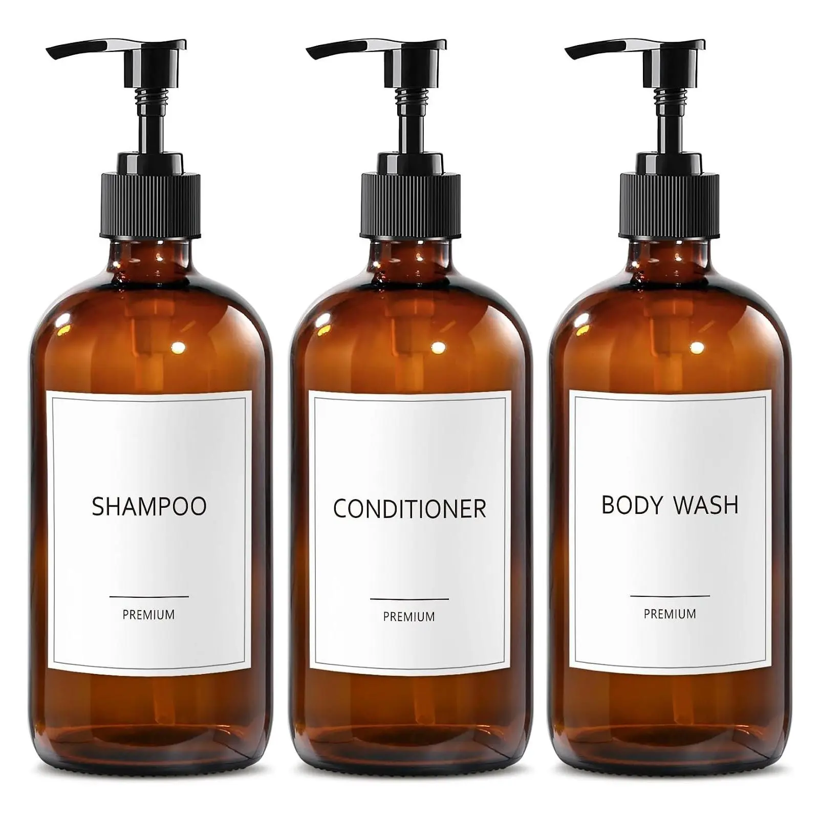 Refillable Amber Glass Shampoo Conditioner Body Wash Dispenser Set with Labels, Soap Pump Bottles for Bathroom ShowerGift