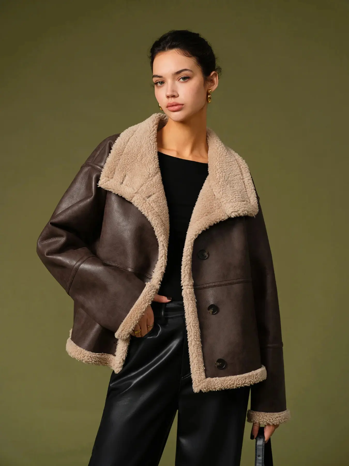 Women's Retro Faux Leather Motorcycle Jacket, Long Plaid Hoodie, Loose Fit, Fall & Winter Casual Outerwear, Warm Button Front Design