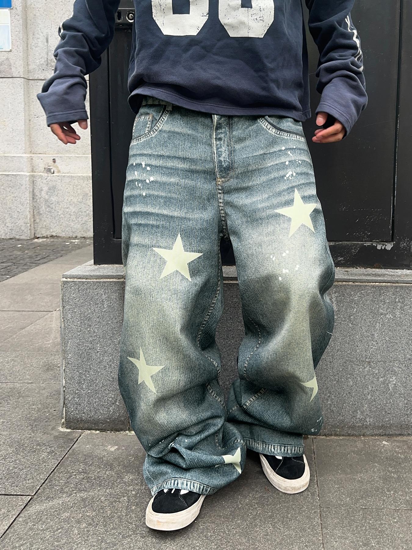 Men's Star Patched Denim Effect Print Pocket Wide Leg Pants, Loose Street Fashion Casual Pants for Daily Wear, Men's Bottoms for All Seasons, Casual Comfy Pants, Star Print Pants, Ripped Streetwear