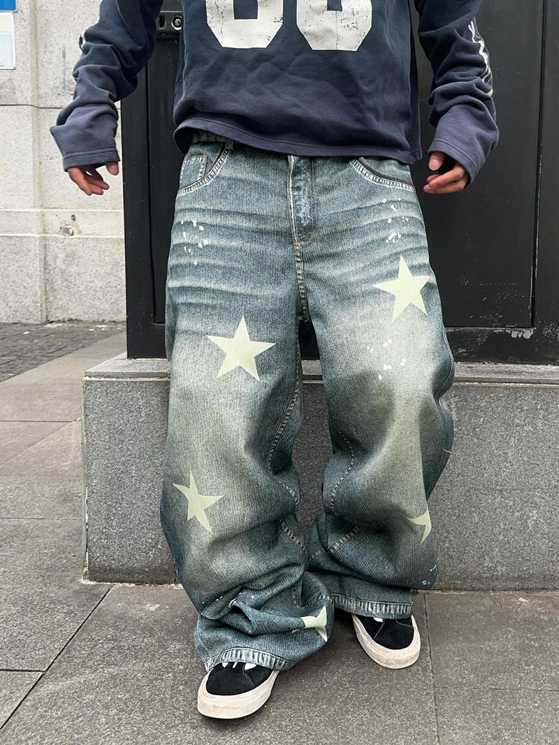Men's Star Patched Denim Effect Print Pocket Wide Leg Pants, Loose Street Fashion Casual Pants for Daily Wear, Men's Bottoms for All Seasons, Casual Comfy Pants, Star Print Pants, Ripped Streetwear