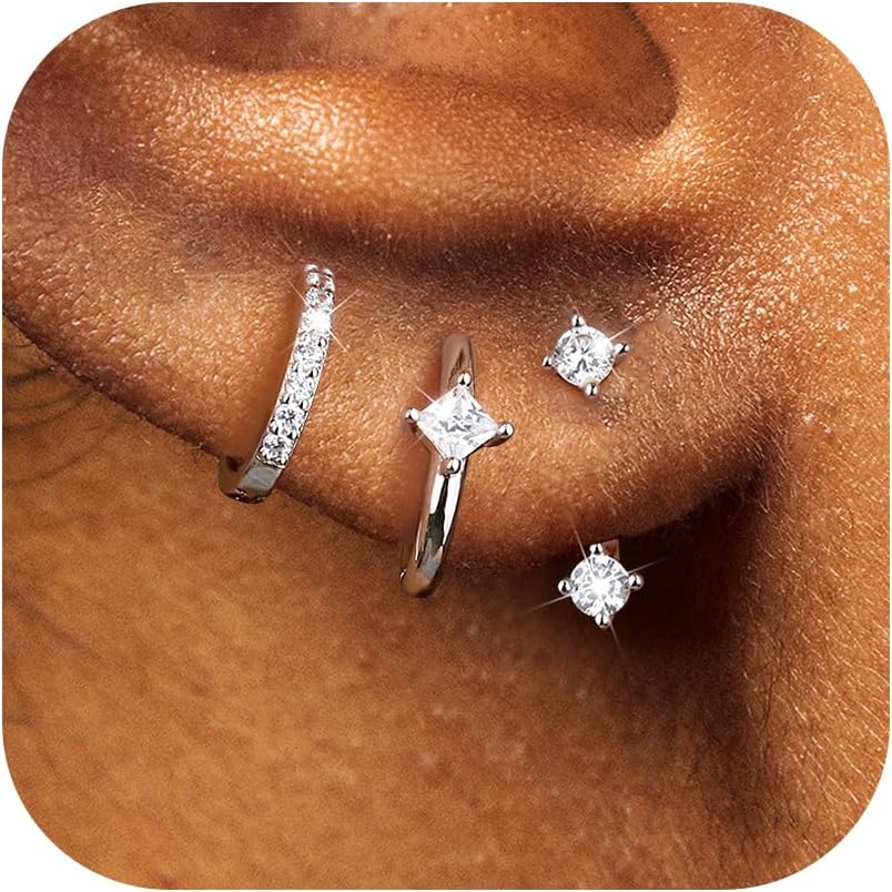 3-4 Pairs 925 Sterling Silver Earrings for Women, Dainty 14K Gold Plated Stud Hoop Earrings Sets for Multiple Piercing, Hypoallergenic Small Silver Hoop Earrings Stacks for Sensitive Ears Women Trendy Earrings