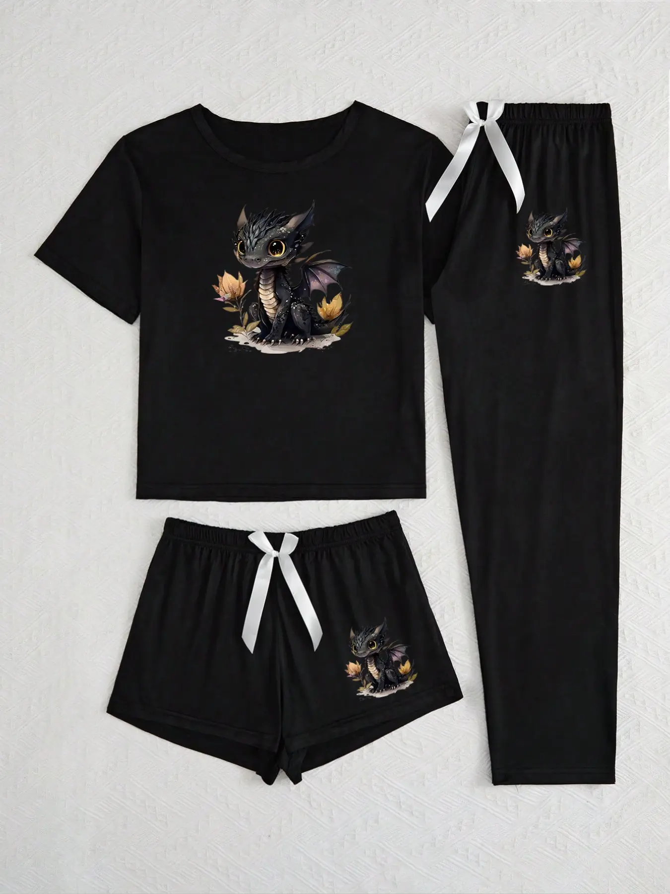 Women's Casual Pajama Set, Cartoon Dragon Print Three-Piece Sleepwear, Slim-Fit Short Sleeve, All Seasons, Adult & Teenager