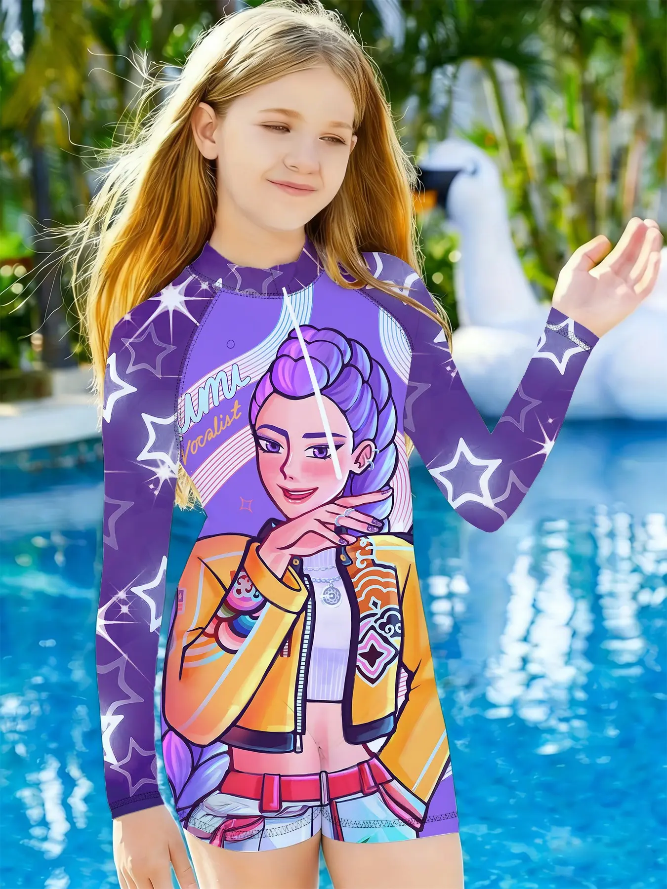 Girls' Long Sleeve Quick-Dry Sun Protection One-Piece Swimsuit, Trendy Street Style, Cartoon Design, Beach Swimwear for Kids