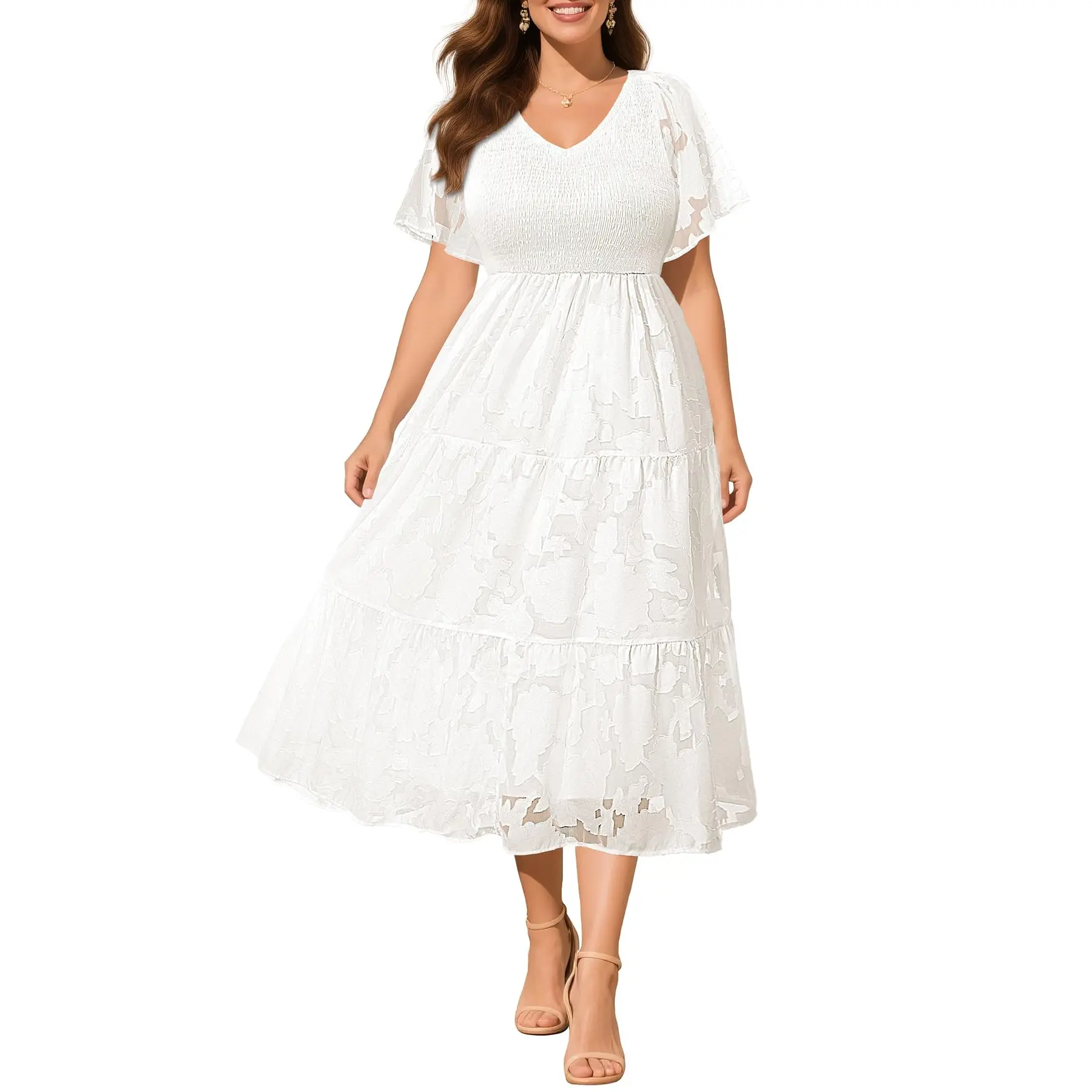 Pinup Fashion Plus Size Summer Casual V Neck Flutter Sleeve Floral Lace Smocked Flowy Tiered Midi Dresses