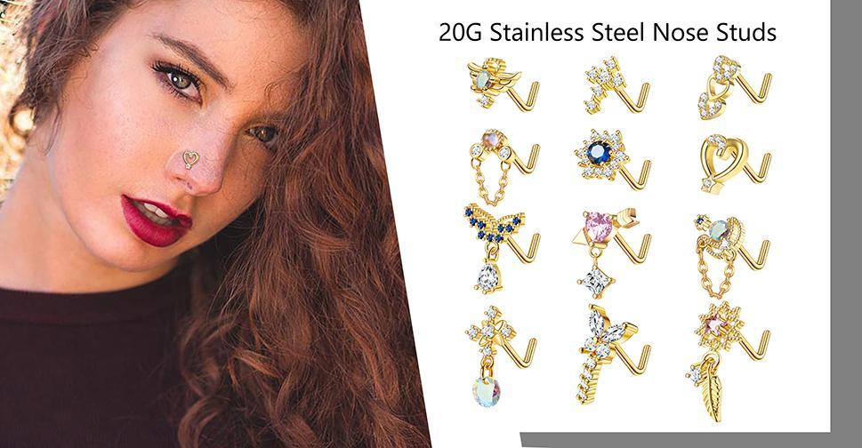 Jstyle 12 PCS 20G Nose Ring Dangle Nose Ring Nose Rings L Shaped Screw Studs Nose Rings Nose Studs For Women Stainless Steel CZ Heart Nose Ring Star Nose Piercing Daily