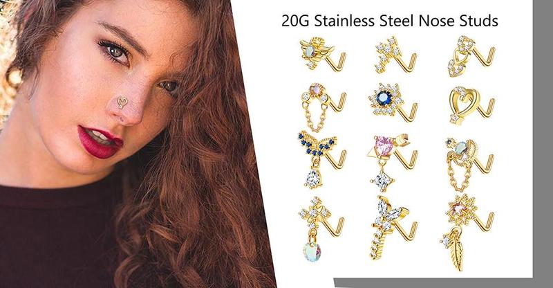 Jstyle 12 PCS 20G Nose Ring Dangle Nose Ring Nose Rings L Shaped Screw Studs Nose Rings Nose Studs For Women Stainless Steel CZ Heart Nose Ring Star Nose Piercing Daily