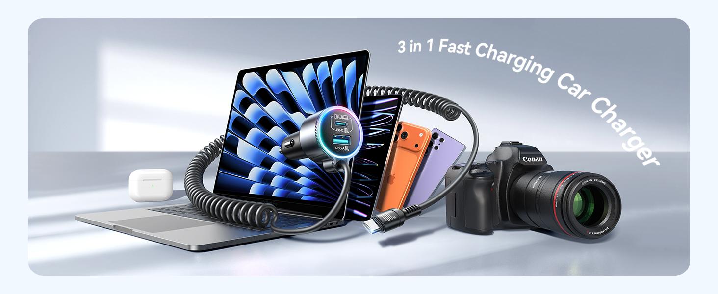 200W Car Charger USB C, PD100W Fast Charge w/100W Type C Fast Charging 5FT Coiled Cable, PD3.0/QC4.0/PPS Cigarette Lighter Phone Adapter for iPhone 17/16 ProMax, MacBook Pro/Air, Samsung S26/S25, iPad