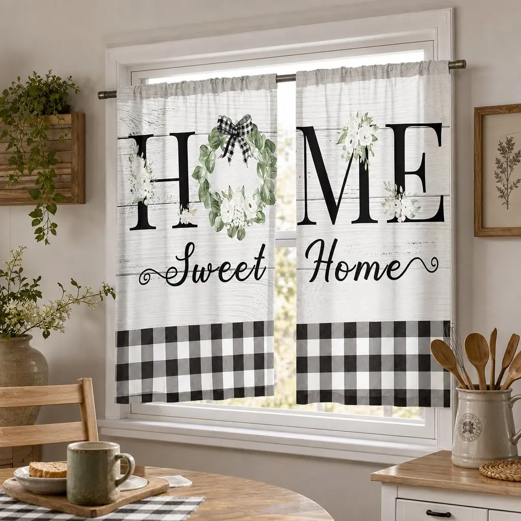 2-Piece Floral Kitchen Curtain Set, Semi-Transparent Polyester, Easy-To-Clean Rod Pocket Design, Suitable for Bedroom, Living Room, Dining Room