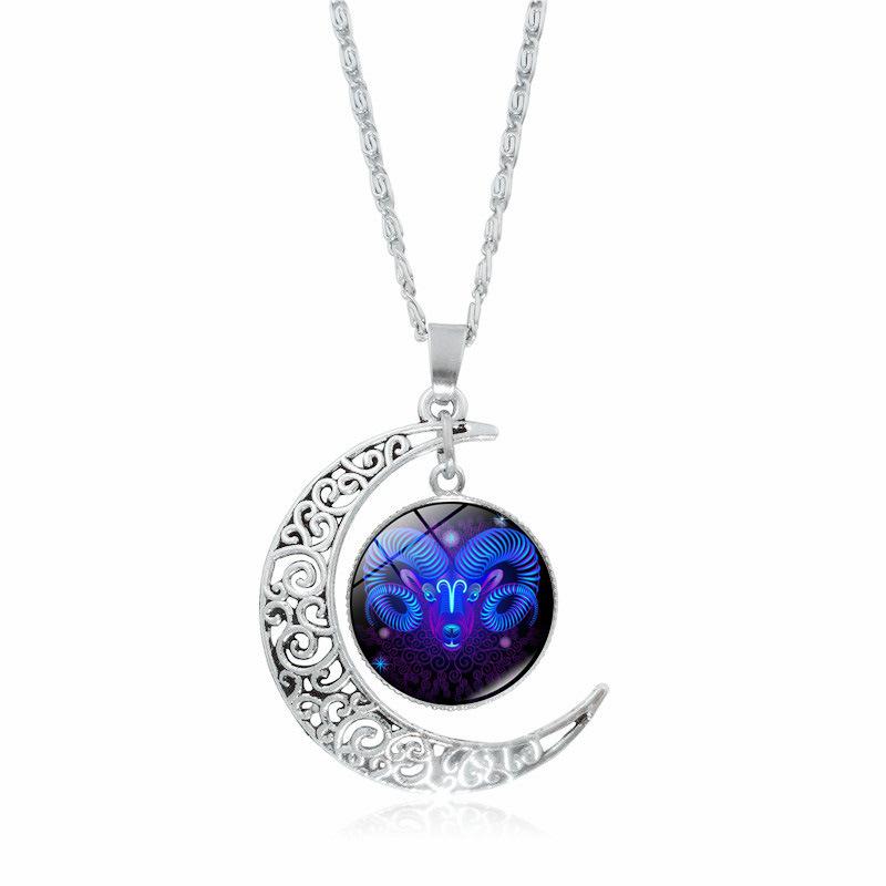 12 Constellation Necklace, Zodiac Moon Glass Gemstone Pendant, European & American Fashion Jewelry