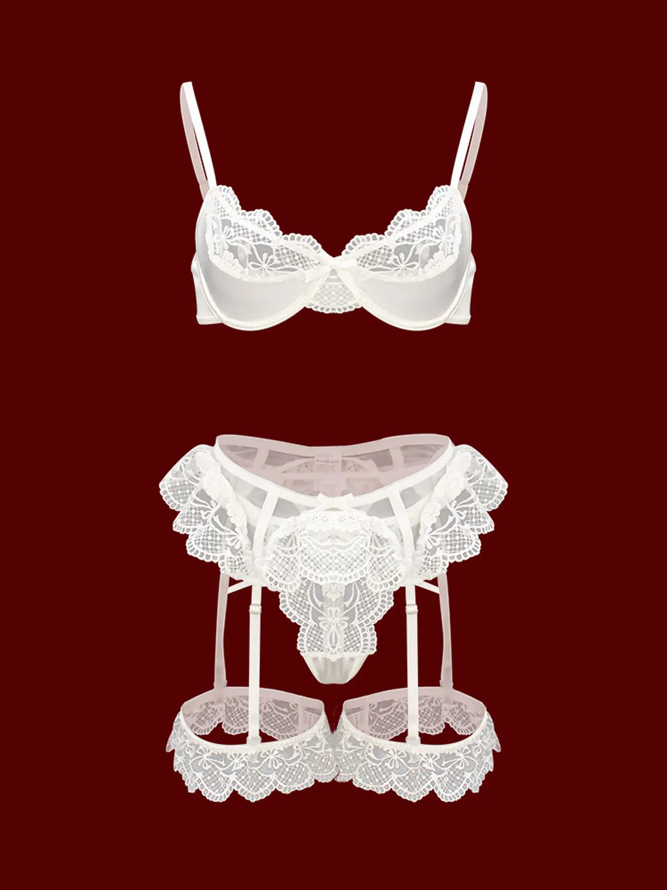 White Ladies Sexy Lingerie Set 5-Piece: Top + Pants + Suspenders + Thigh Highs + Silk Nightgown for Apple-Shaped Girls, Ladies Sexy Lingerie