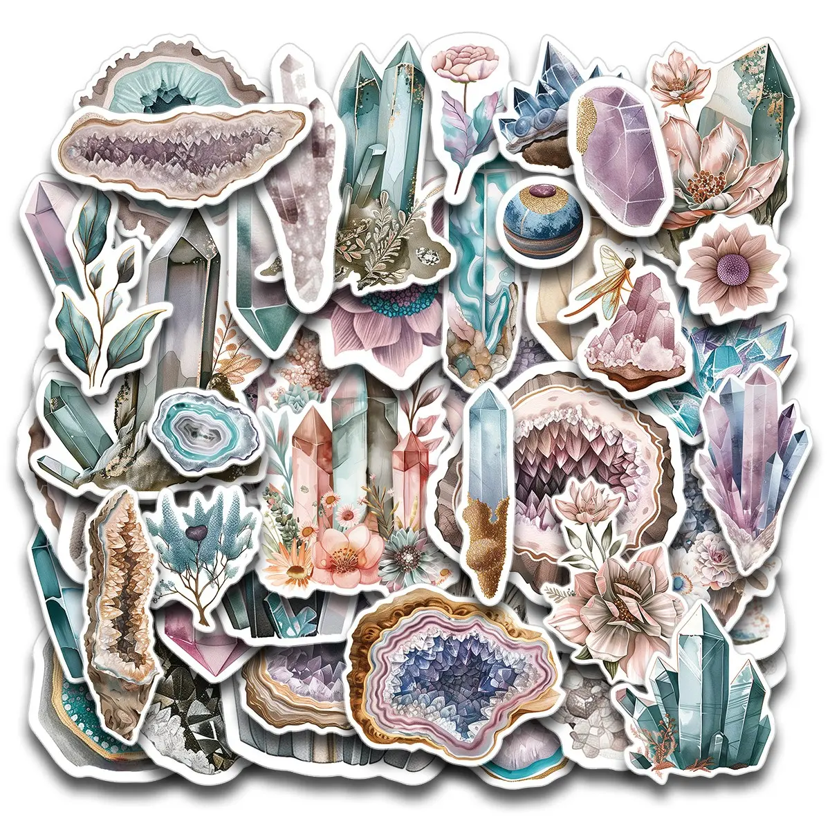 6 Sheets/100 Stickers Aesthetic Crystal Stickers, Watercolor Healing Quartz Agate Geode Stickers, for Cups, Laptops, Scrapbooks, Journals