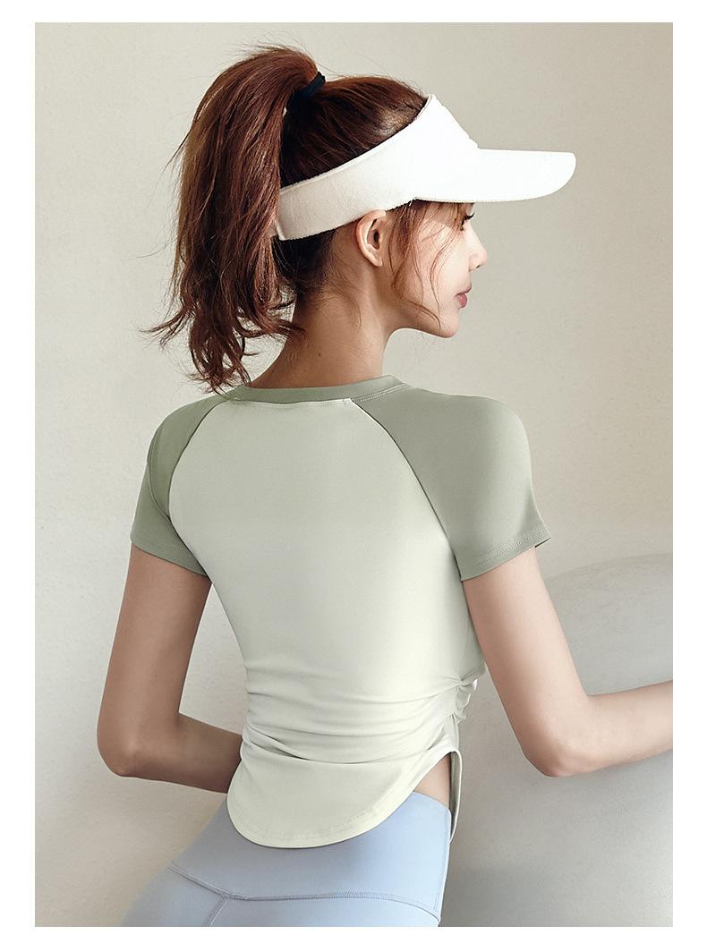 Contrast color pleated yoga top for women, waist-cinching, slimming, with a nude feel, suitable for yoga, sports, and outdoor fitness