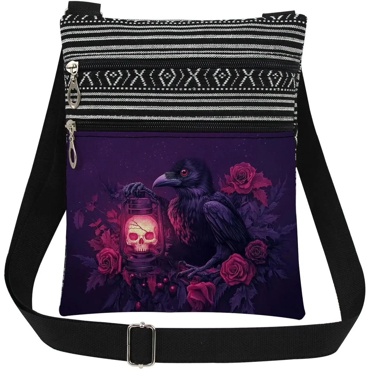 Gothic Raven Crossbody Bag Mysterious Black Bird with Glowing Skull Lantern and Roses Print Adjustable Strap Purse Halloween   Birthday Present for Men and Women