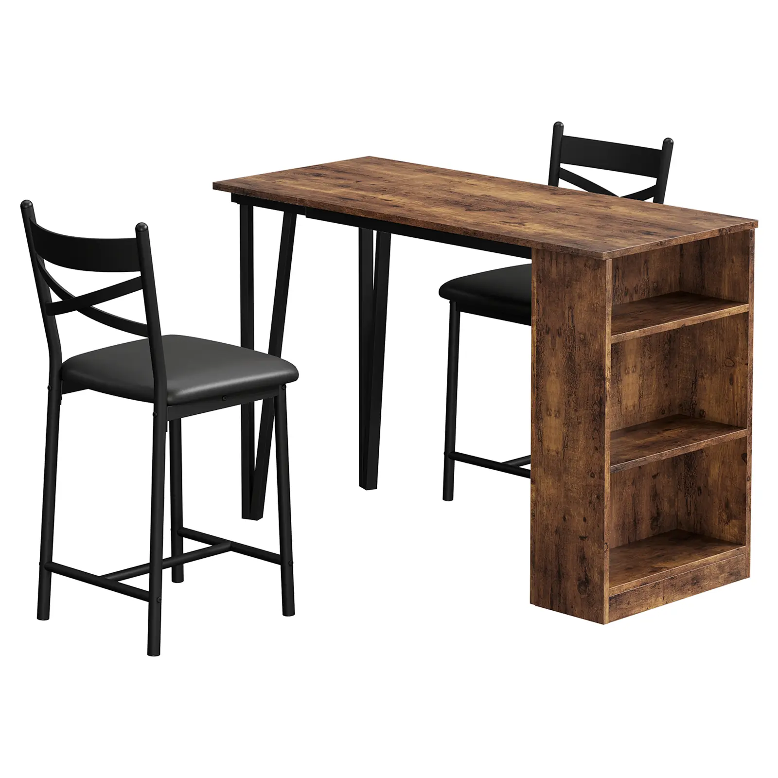 3-Piece Extendable Bar Table and Chairs Set – Tall Kitchen Dining Set with PU Cushioned Stools, 3-Tier Storage Shelves