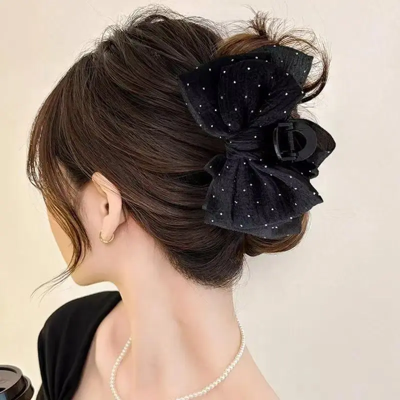 Fashionable Black Mesh Butterfly Knot Hair Clip Elegant Versatile Hair Accessory with Sparkling Diamonds for Back of Head Shark