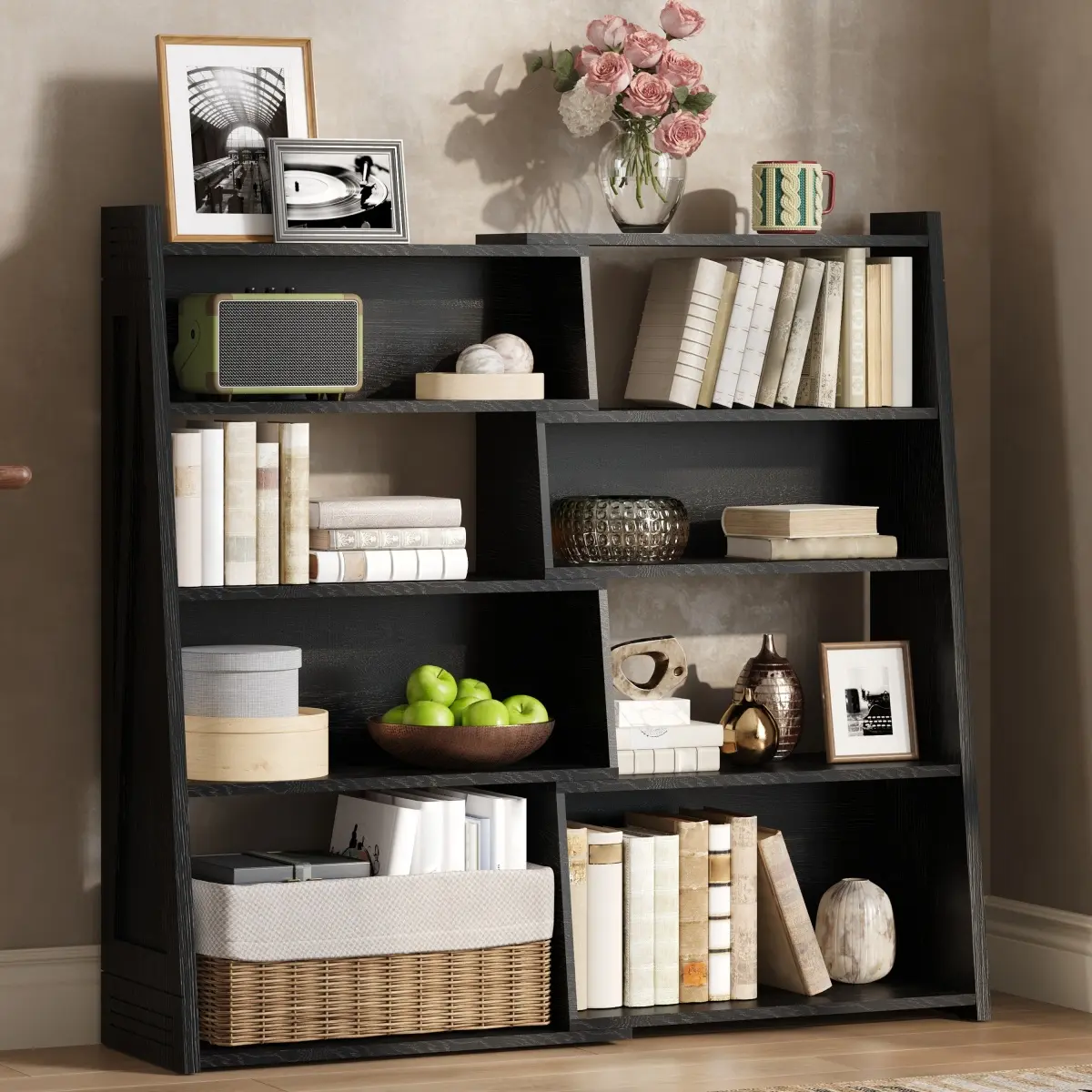 Modular Asymmetrical Black Oak Grain Bookcase, Convertible 3‑Layout Open Display Shelf with Reinforced Anti‑Tilt Trapezoidal Frame for Living Room Study Entryway