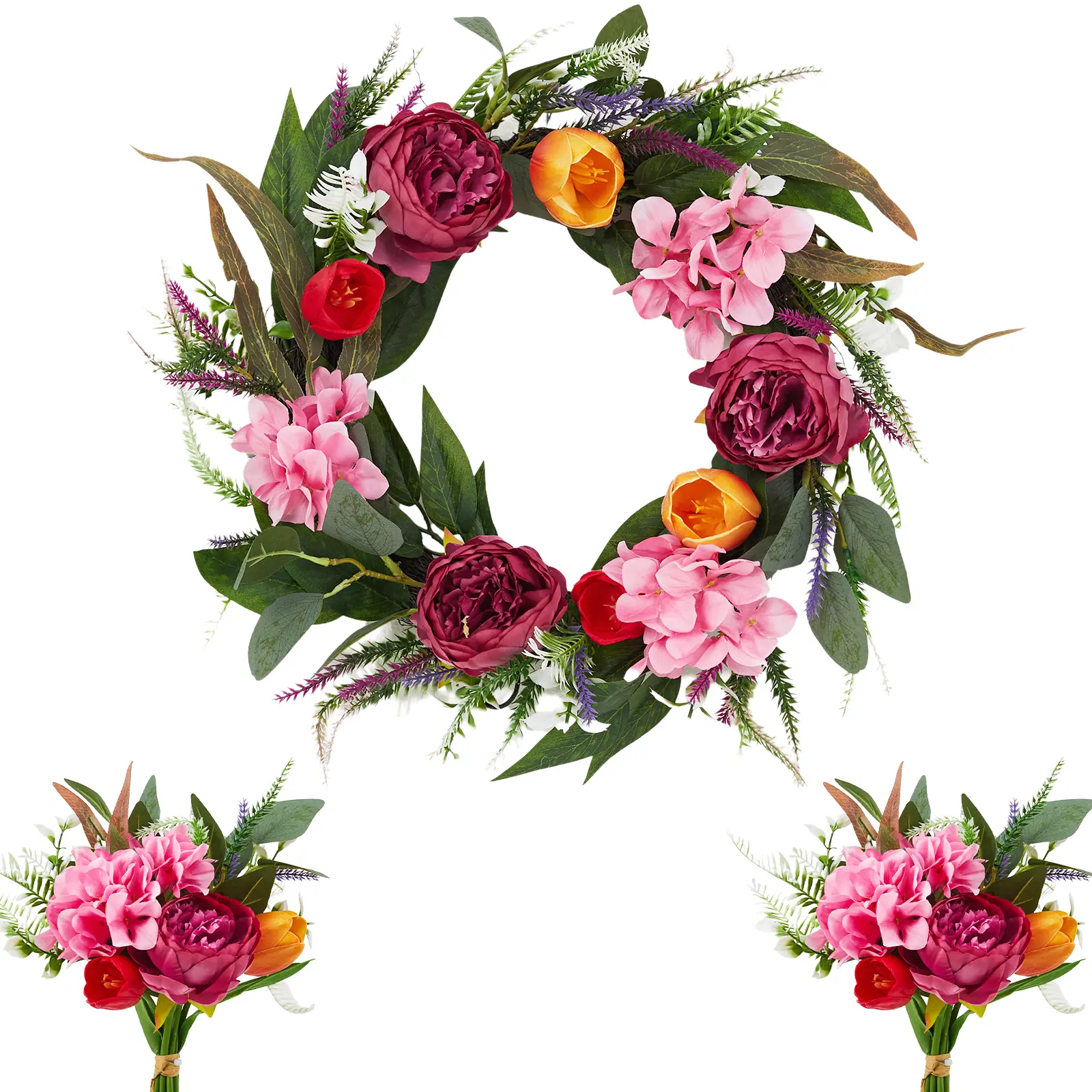 Realistic Peony, Tulip & Hydrangea Spring Wreath Set – Artificial Floral Door Decor with 2 Matching Bouquets