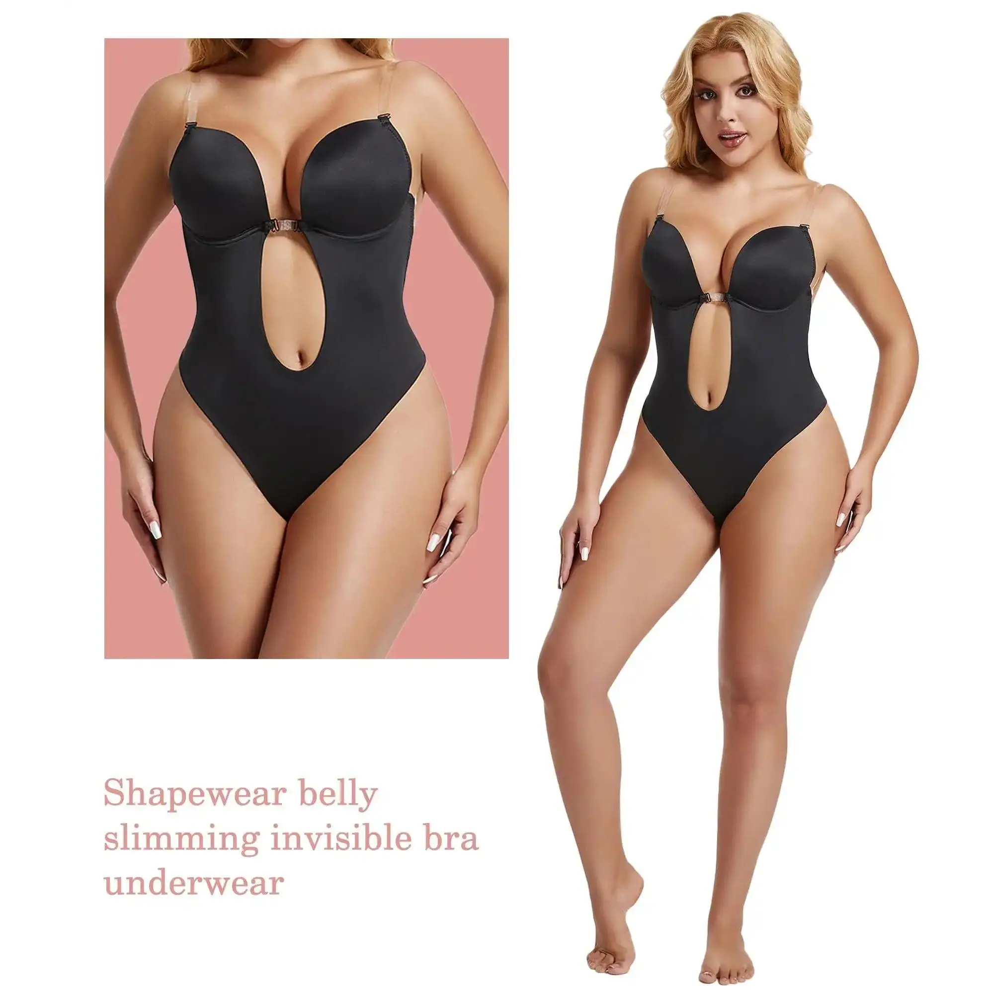 Women's Backless Plunge Sleeveless Shapewear Underwear, Adjustable Bamboo Blend Low Back Thong Bodysuit with Open Crotch, Invisible for Weddings & Formal Dresses (Females' Daily Use)