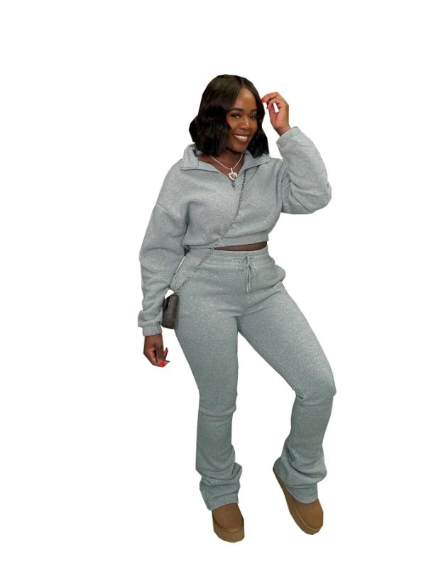 Women's Two-piece Zipper Half Collar Waist Cinched Fleece Sweatshirt Tied Rope Pants Set 2026 Autumn Slim Fit Tracksuit Set Crop Tops Flare Pants Set Fit  Tracksuit Set Drawstring Flare  Set Lounge Set with Flare Leggings Lounge Set with Bell Bottoms