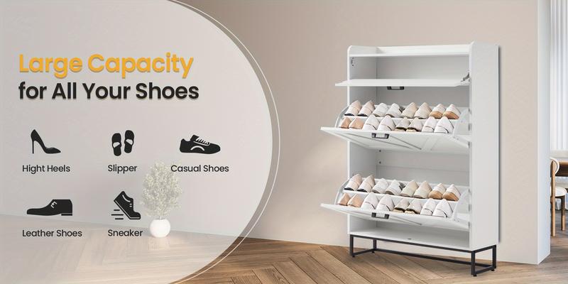 Large Capacity Farmhouse Shoe Cabinet - Oak White Freestanding Design with 2 Flip Drawers, Adjustable Compartments, Heavy Duty Build & Side Hooks